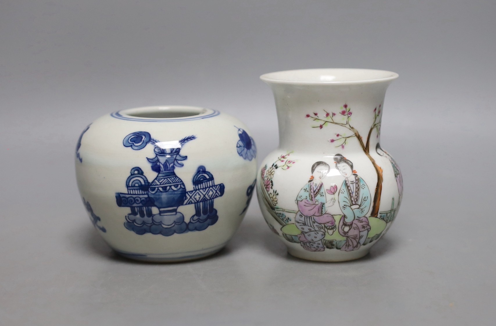 A Chinese famille rose vase, 10cm, together with a Chinese blue and white water pot, 9cm high